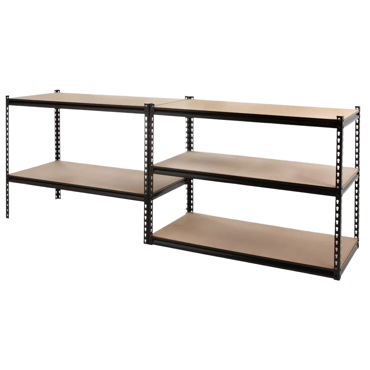 Two black steel shelving units with particleboard shelves for versatile storage in home improvement and organization spaces
