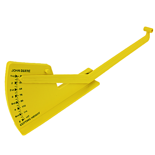Yellow metal gauge tool for measuring and leveling mower cutting height in automotive and garden tool collections