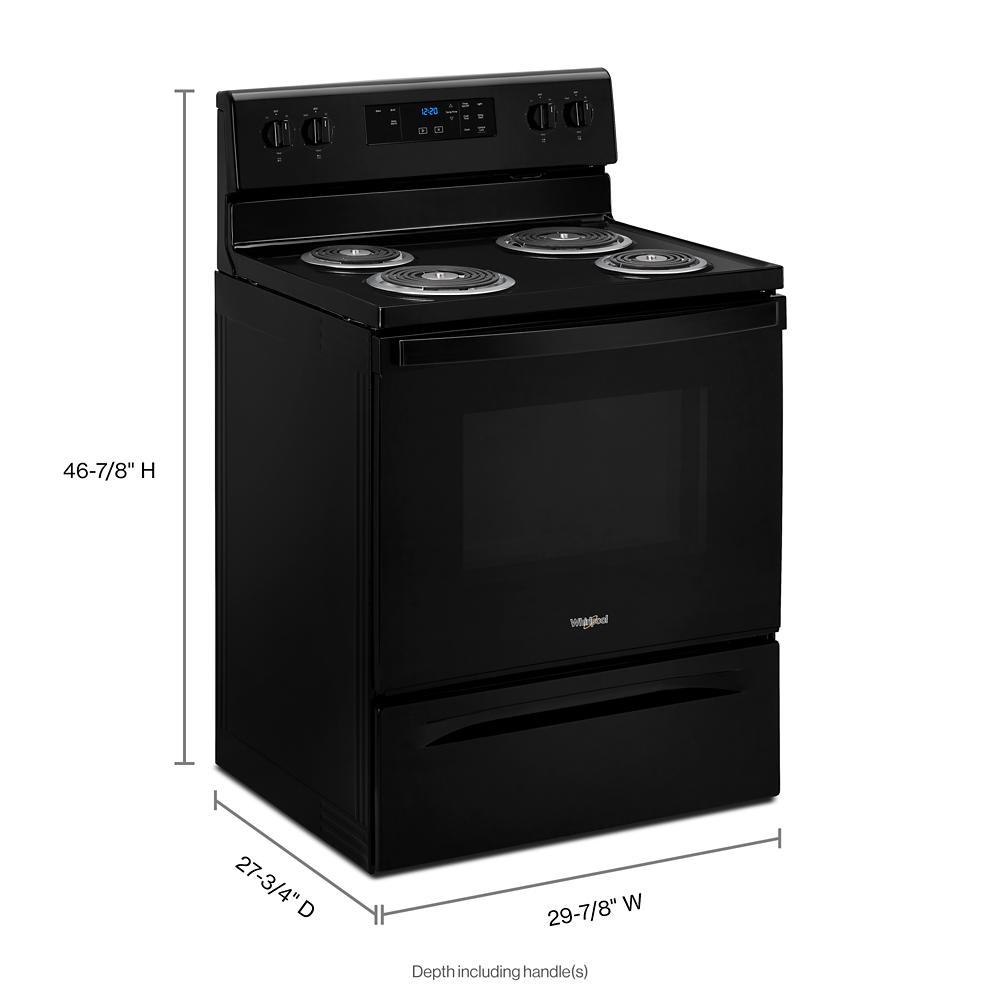 black electric range with four coil burners and digital control panel for kitchen appliances and home improvement