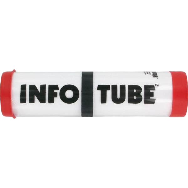 Plastic info tube with red ends and black text for displaying sales details in hardware and home improvement.