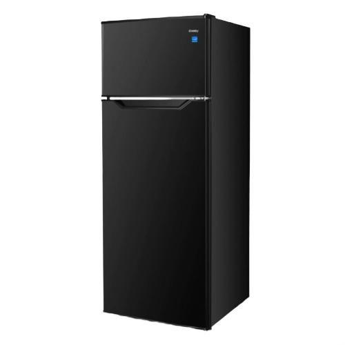 Mid-size black refrigerator with top freezer, manual defrost, and sleek minimalist design in kitchen appliances collection
