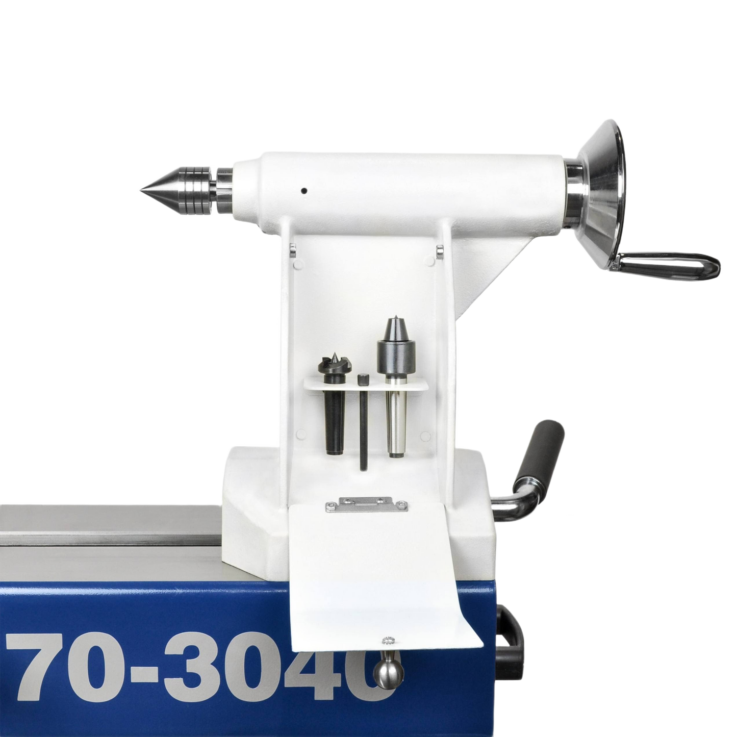White and blue lathe tailstock with handwheel and accessory tools for woodworking and home improvement projects