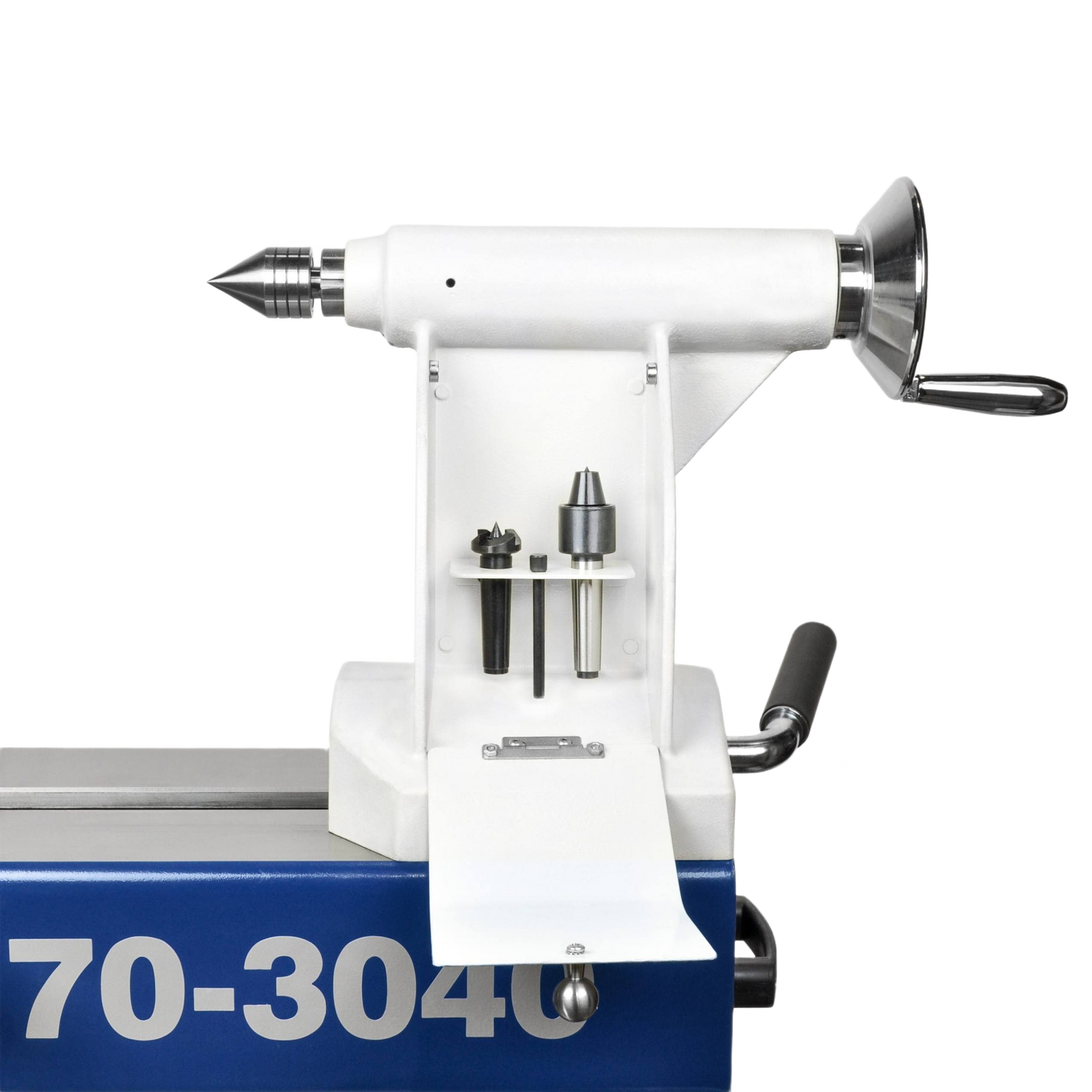 White and blue lathe tailstock with handwheel and accessory tools for woodworking and home improvement projects