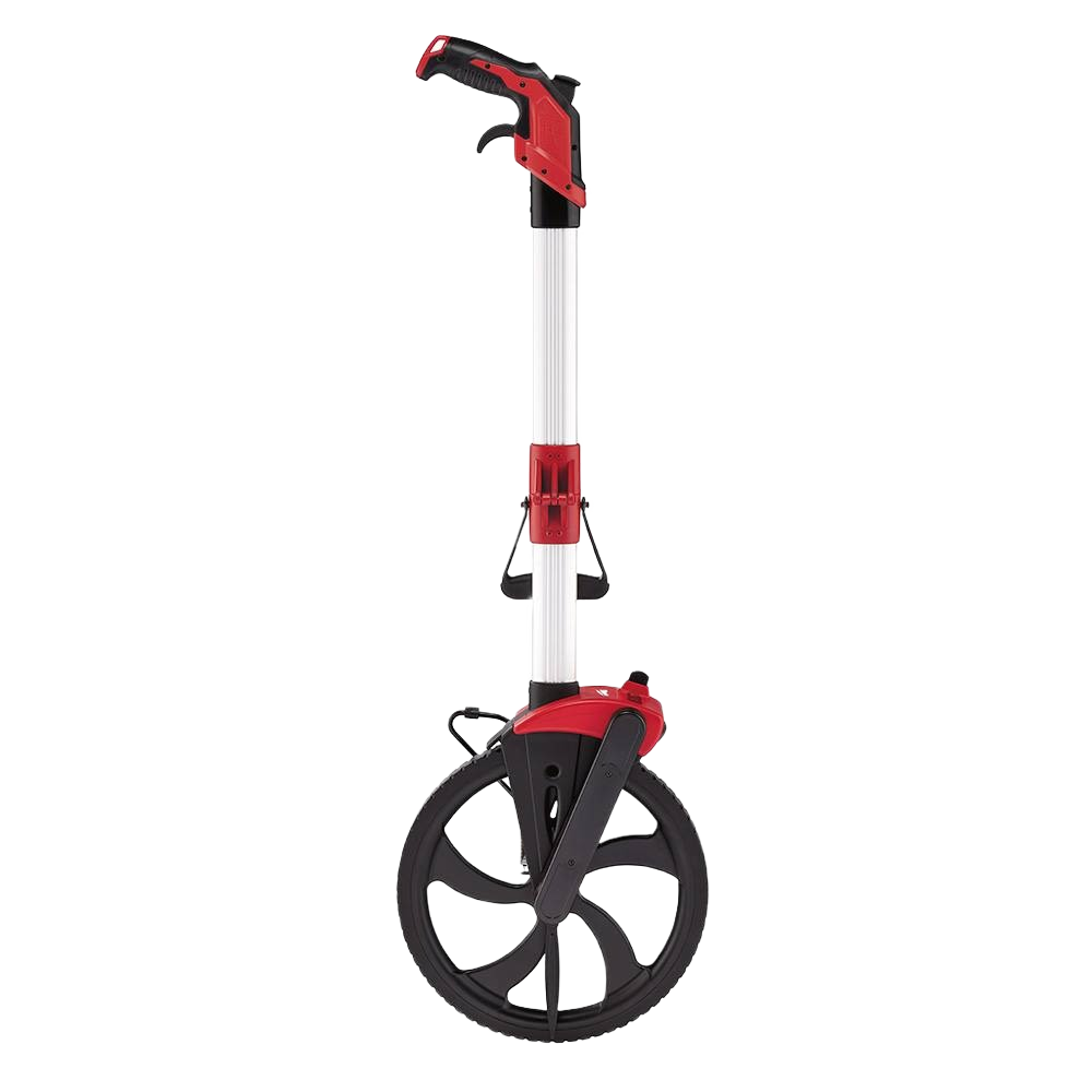 Red and silver measuring wheel with digital display and reinforced frame for hand tools and home improvement collections
