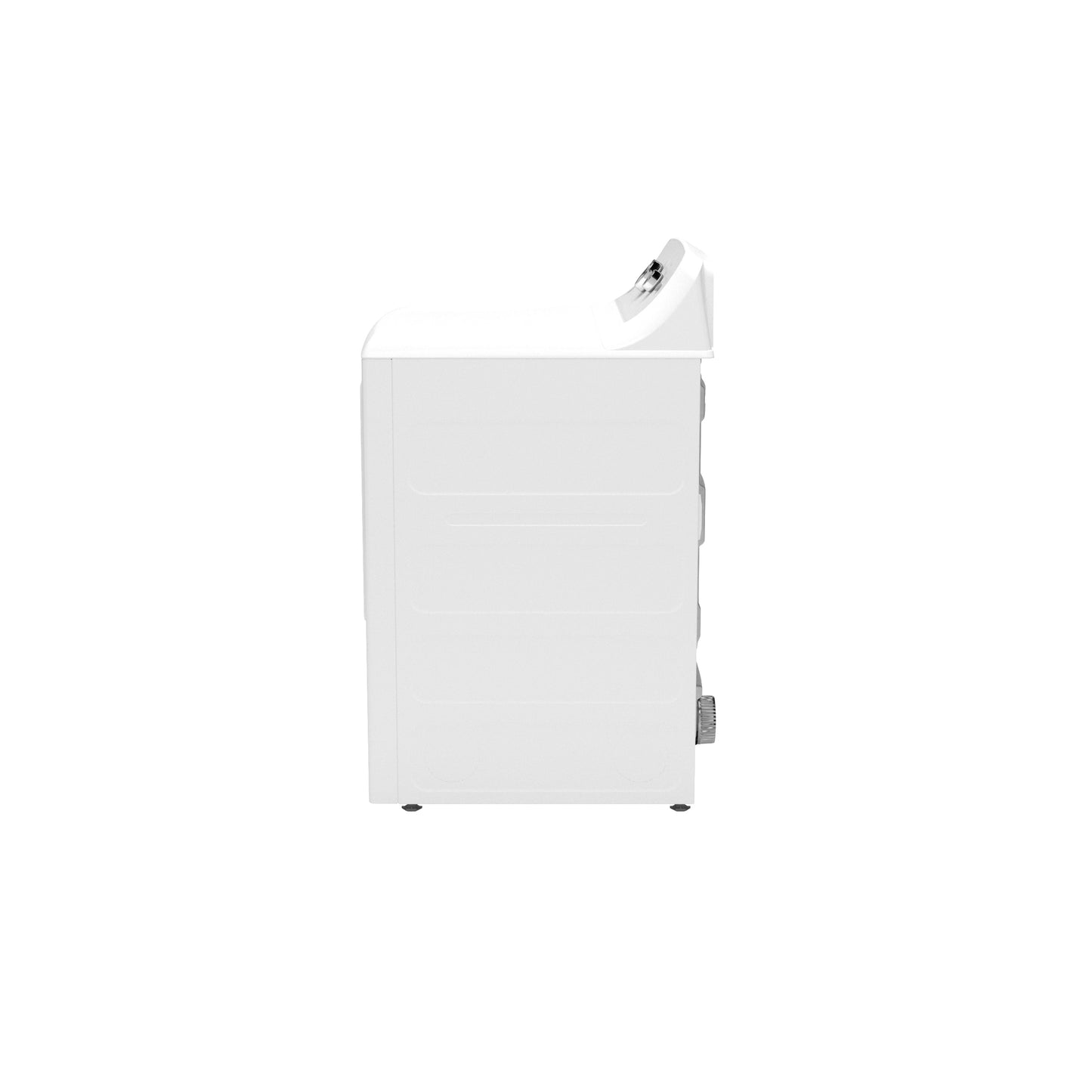 Side view of white electric dryer highlighting compact shallow depth design for space-saving laundry appliances collection