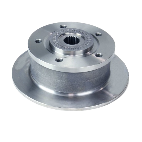Metal hub kit component with multiple bolt holes and central spline for tractor or heavy equipment use
