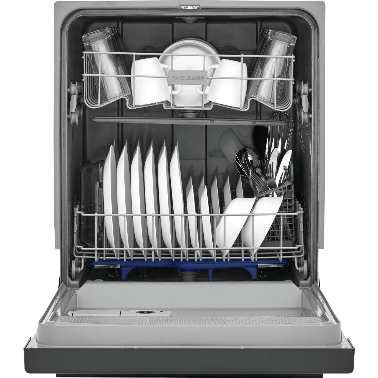 Open built-in dishwasher loaded with white dishes, utensils, and glasses for kitchen and home use.