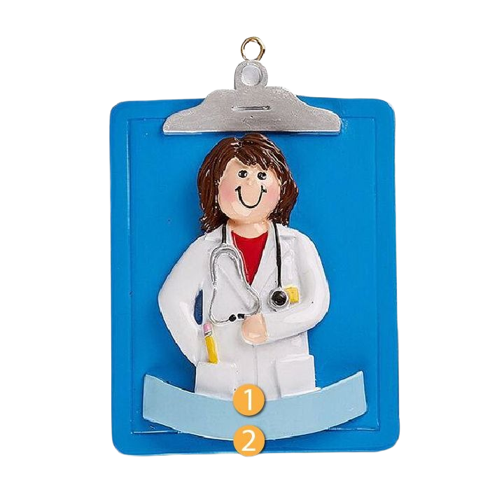 Handcrafted woman doctor figurine on blue clipboard background, festive personalized Christmas ornament under 50 dollars