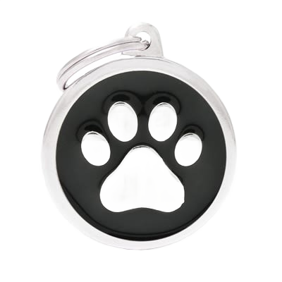 Black circular pet ID tag featuring a raised silver paw print with attached keyring for pet identification