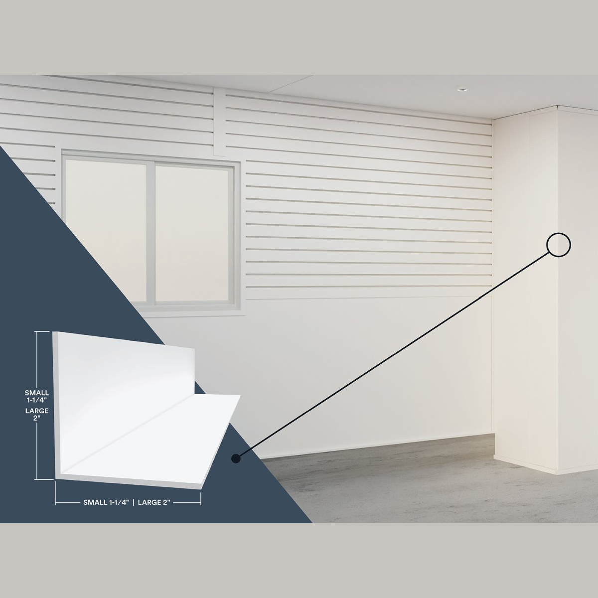 White corner finishing panel installed at wall corner for clean, polished look in home improvement projects