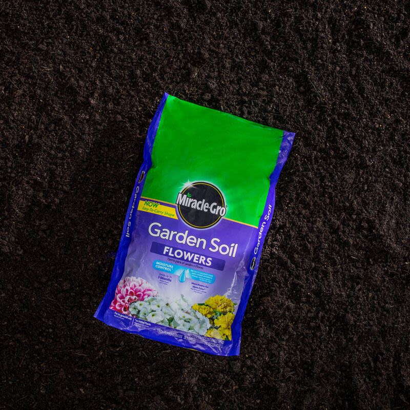 Bag of Miracle-Gro flower garden soil enriched for vibrant blooms in gardening and outdoor living collections