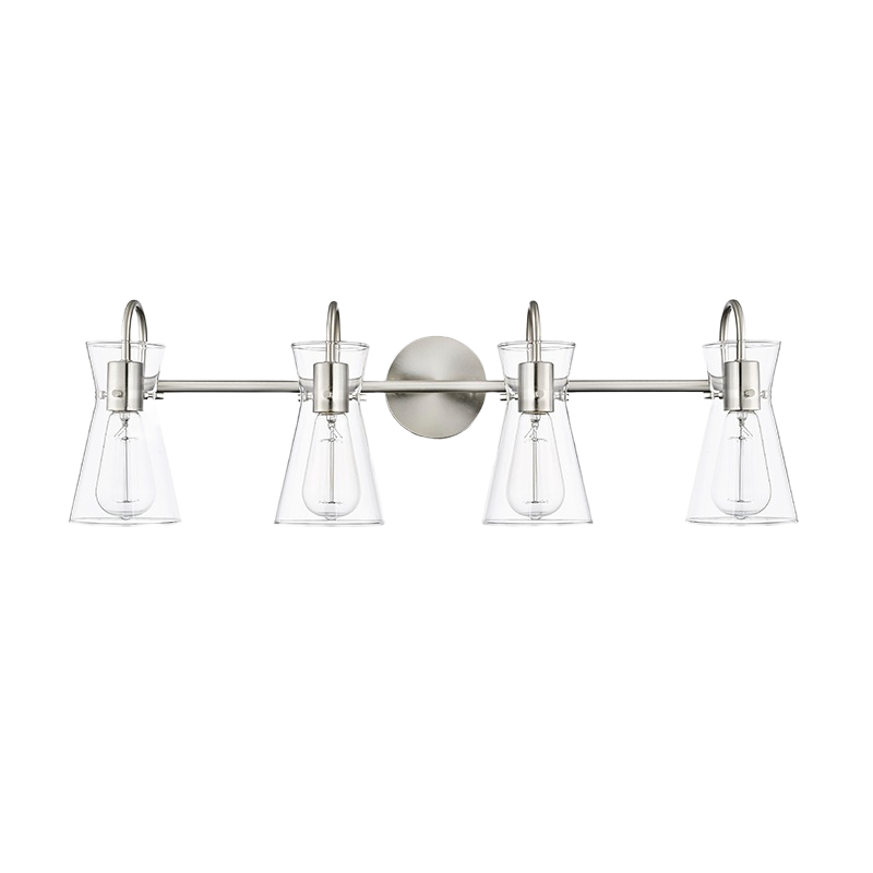 Brushed nickel four-light vanity fixture with clear glass shades for bathroom and wall lighting collections