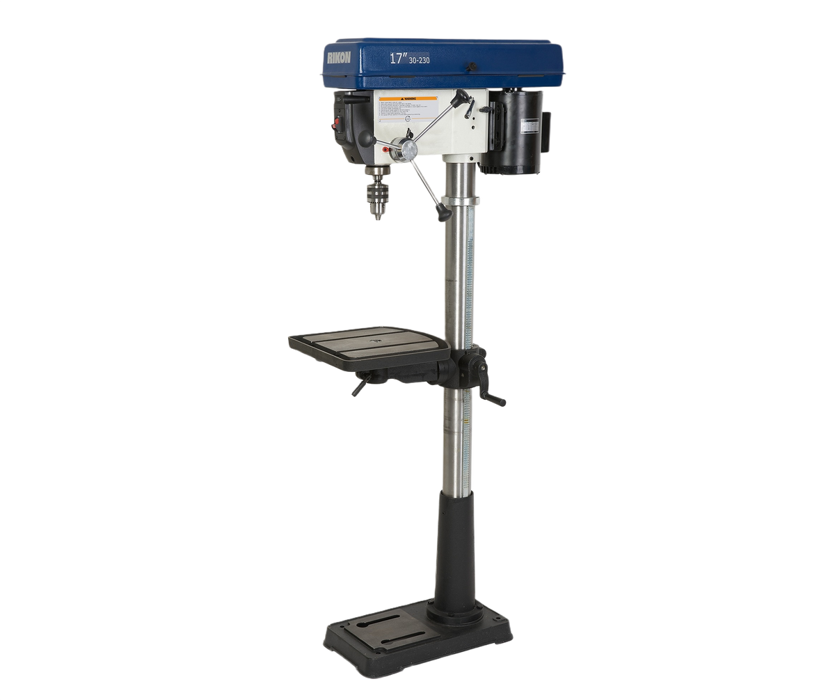 Floor-standing drill press with adjustable work table and powerful motor for woodworking and power tool applications