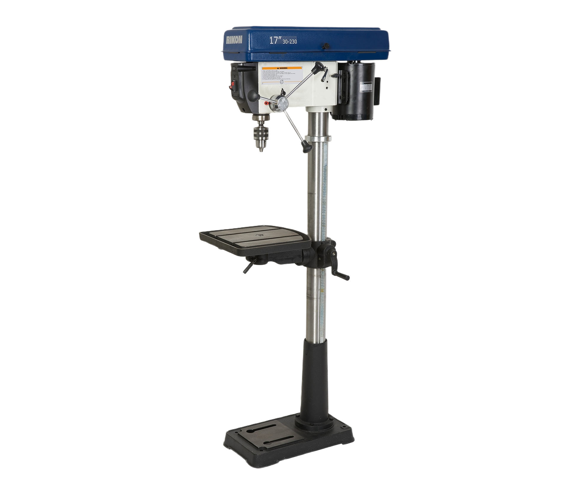 Floor-standing drill press with adjustable work table and powerful motor for woodworking and power tool applications