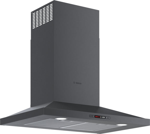Black stainless steel wall mounted range hood with digital controls and halogen lighting for kitchen ventilation and home improvement.