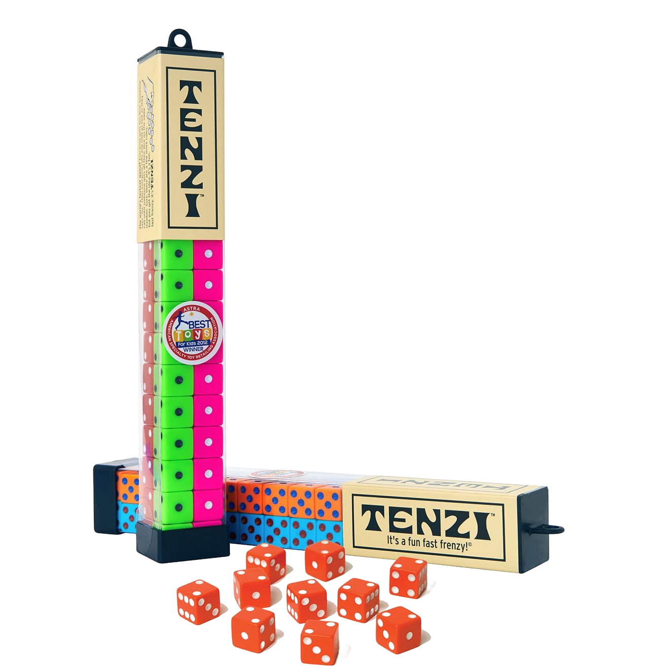 Colorful Tenzi dice stacked in clear tubes with beige labels, featuring orange dice scattered, Toys & Games collection under $50