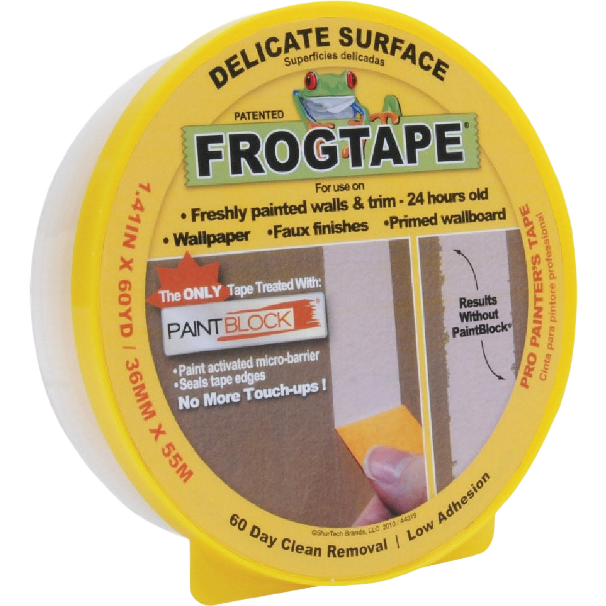 Yellow Frogtape roll designed for delicate surfaces with PaintBlock technology for home improvement projects