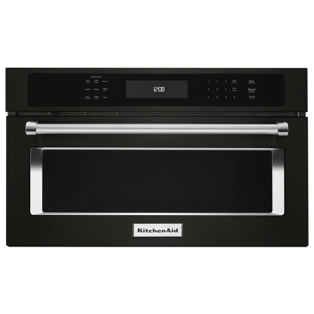 Built-in 27-inch microwave oven with convection cooking, stainless steel handle, digital control panel, and black finish for kitchenware and appliances collection.
