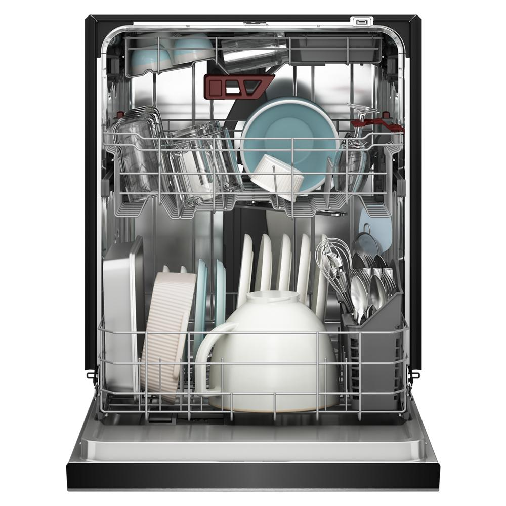 Open KitchenAid dishwasher loaded with dishes, featuring third level jet rack for efficient cleaning in modern kitchens