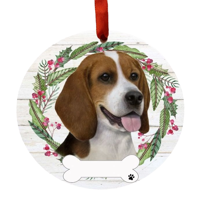 Round Christmas ornament featuring a Beagle face surrounded by a festive green and red wreath with a bone name tag.