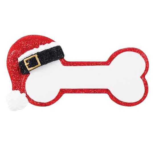 Dog bone-shaped Christmas ornament with red glitter Santa hat and black belt buckle detail for holiday decor