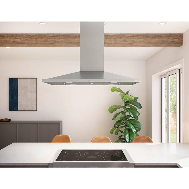 Low-profile stainless steel island hood with LED lighting and touch controls above modern kitchen cooktop and island