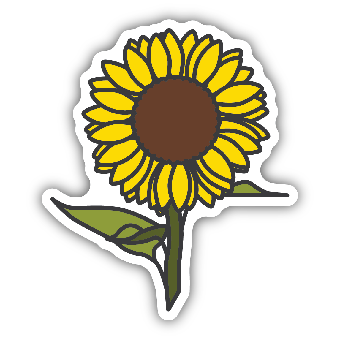 Illustrated sunflower sticker with bright yellow petals and green leaves in a bold outlined style