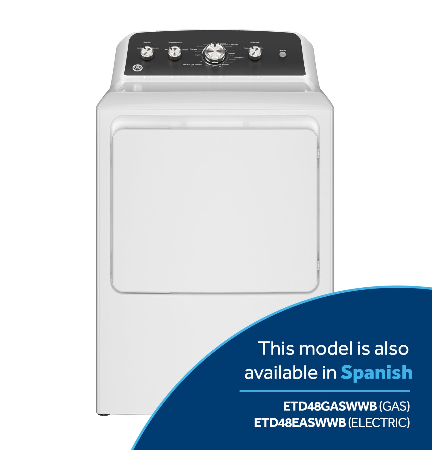 Front view of white gas dryer with black control panel featuring knobs and cycle settings in appliances collection