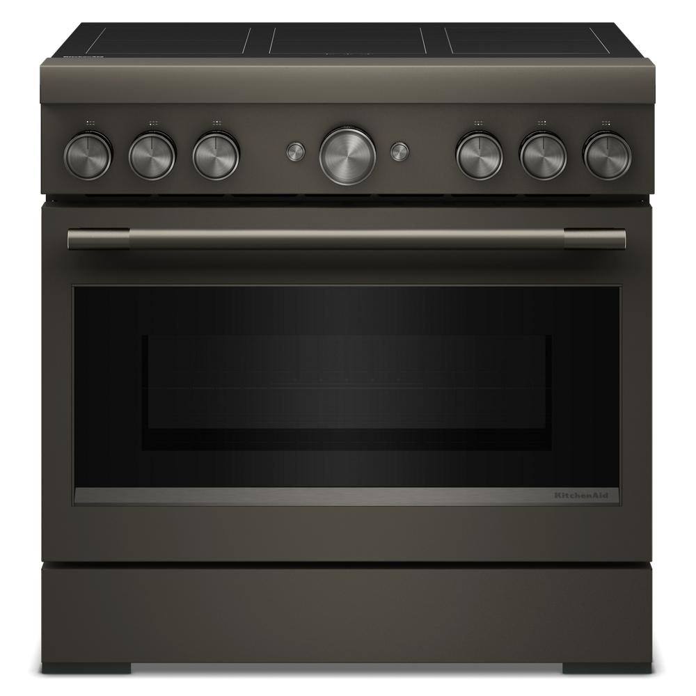 36-inch dark stainless steel freestanding induction range with six control knobs from KitchenAid appliances collection