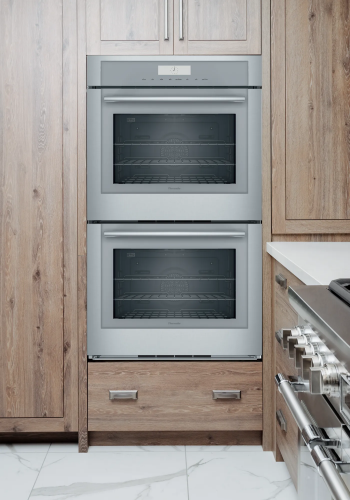 Built-in stainless steel double wall oven with full access racks in Thermador kitchen appliances collection