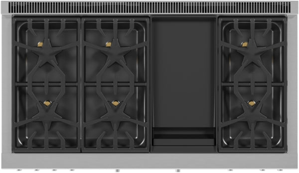 Stainless steel dual fuel cooktop with six Star® burners and central griddle in professional kitchen setting