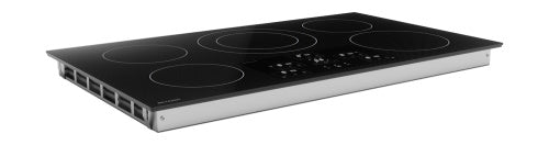 36-inch electric cooktop with five cooking zones, touch controls, and European black mirror SCHOTT glass in kitchen appliances collection