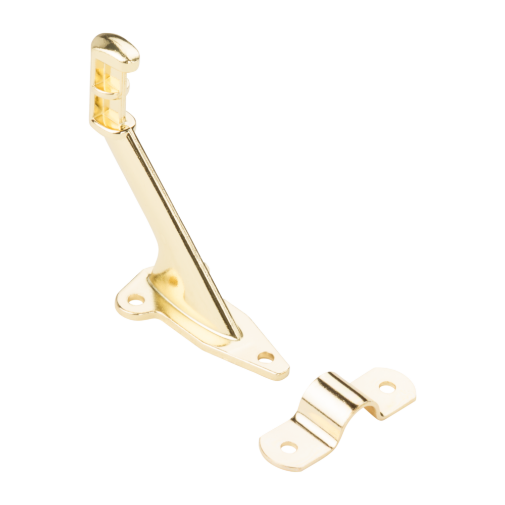 Bright brass handrail bracket and mounting clip with fasteners for sturdy wall installation in home improvement projects