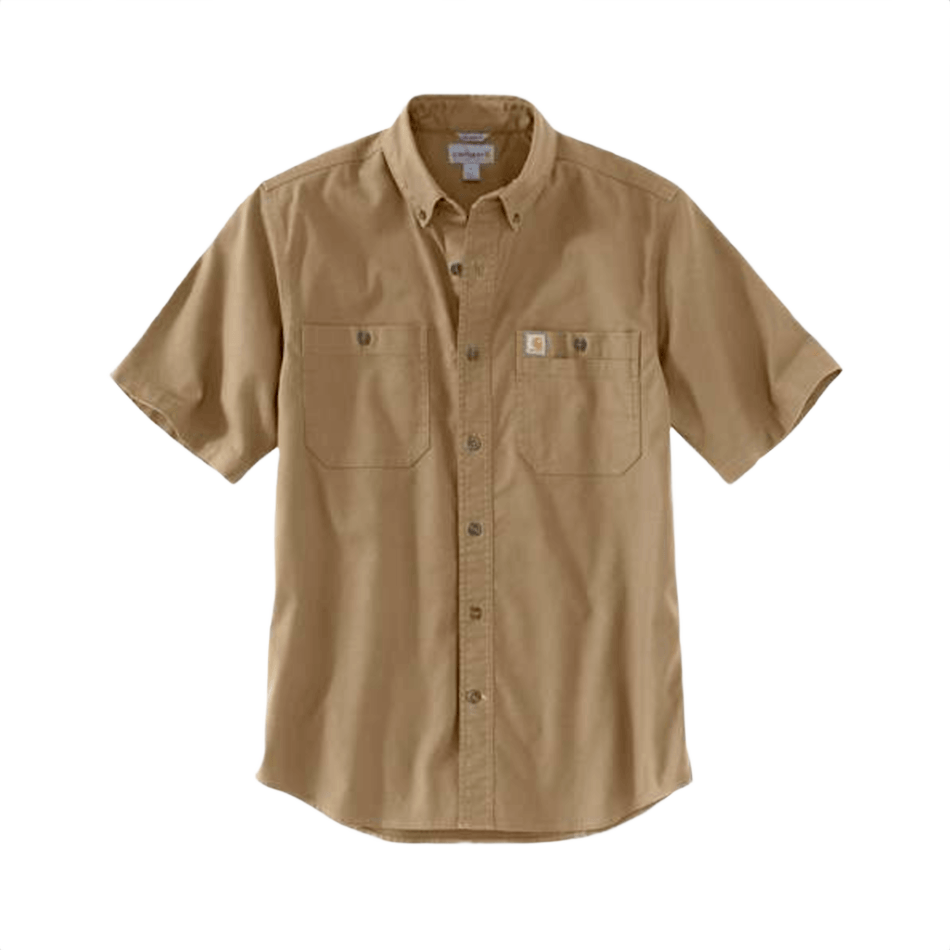 Men's dark khaki short sleeve rugged flex canvas shirt in Carhartt collection for casual and workwear clothing