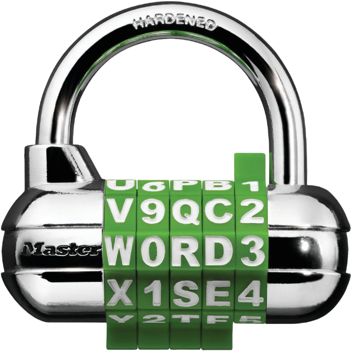 Silver combination lock with green rotating dials displaying letters and numbers for securing bikes and lockers in tools use