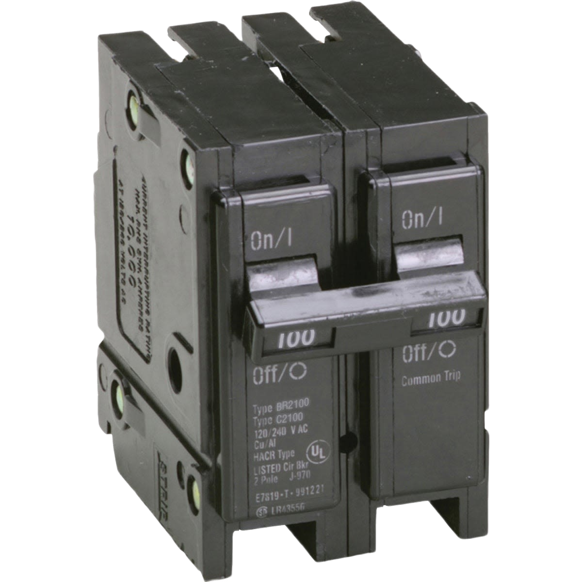 Black 100 amp double-pole circuit breaker switch for home electrical panel and improvement projects