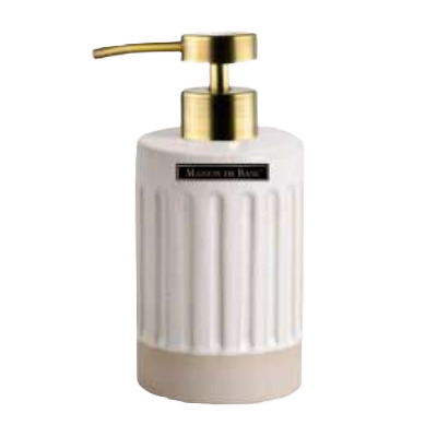Ceramic soap pump with vertical ridges, matte beige base, and brushed gold-tone pump dispenser for bathroom use