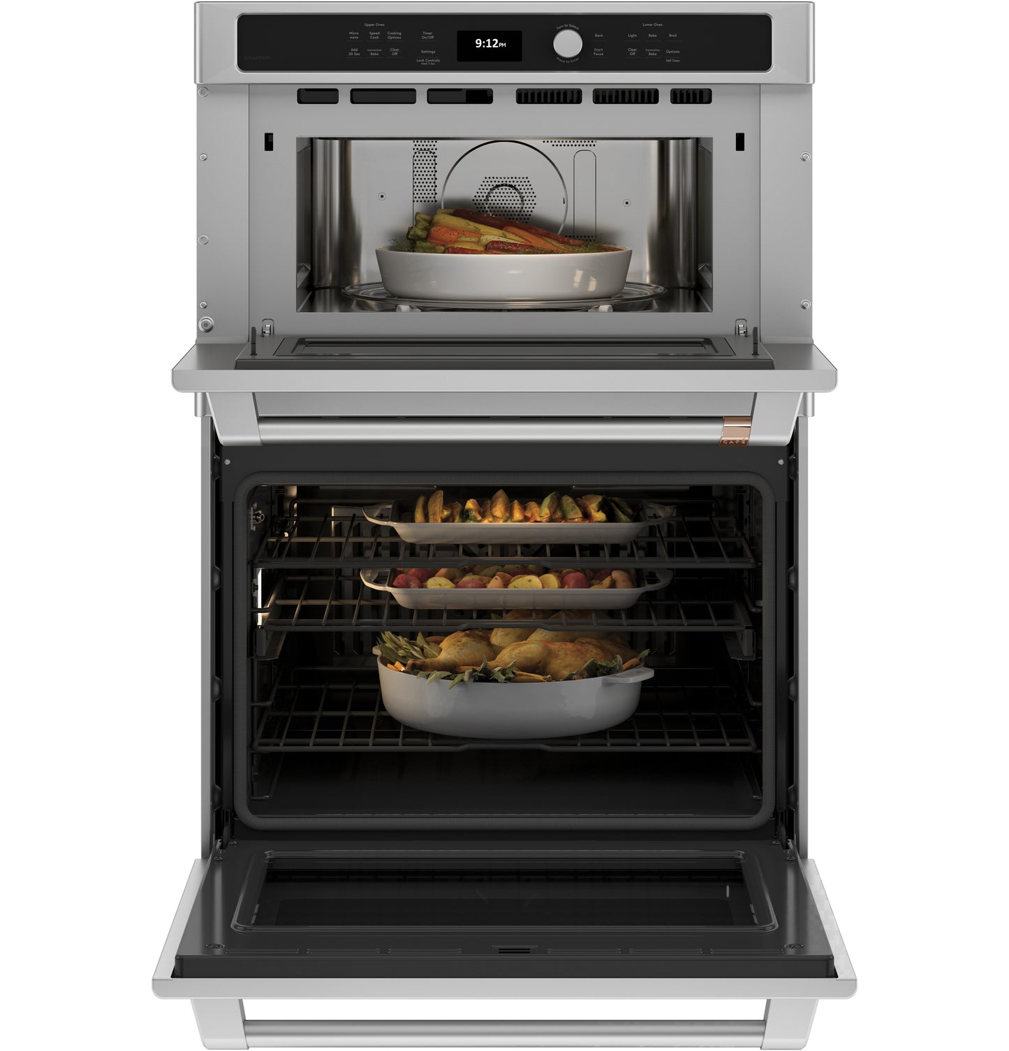 Open combination double wall oven with convection and Advantium technology cooking multiple dishes in stainless steel design