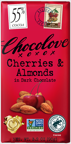 Red Chocolove bar packaging with cherries and almonds illustrated, highlighting 55% cocoa dark chocolate content