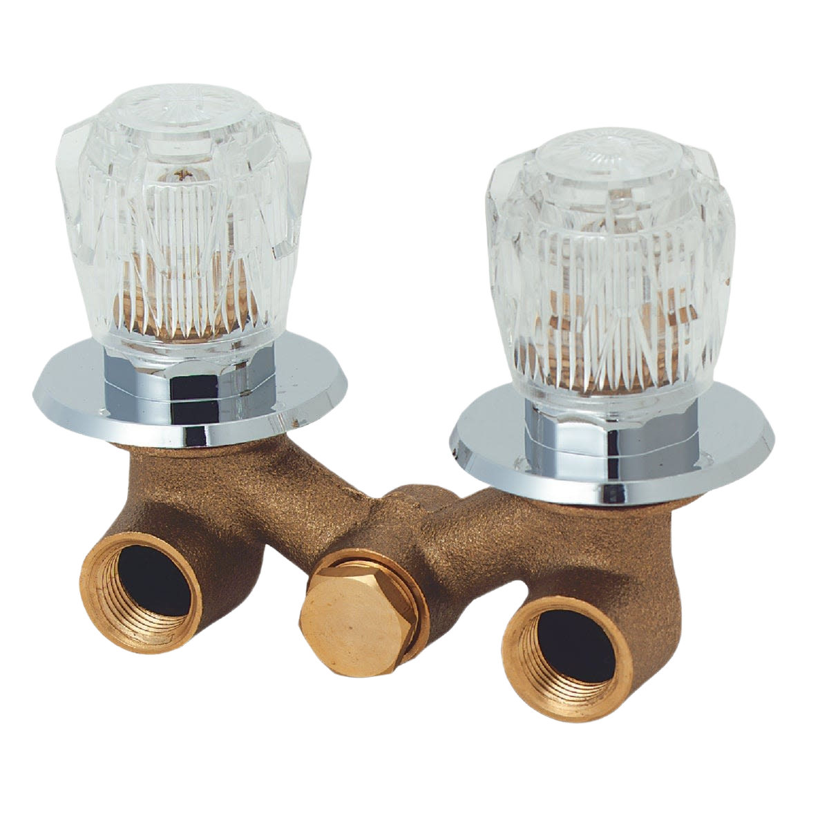 Dual-handle brass shower valve with clear plastic knobs and chrome escutcheons for home improvement tasks