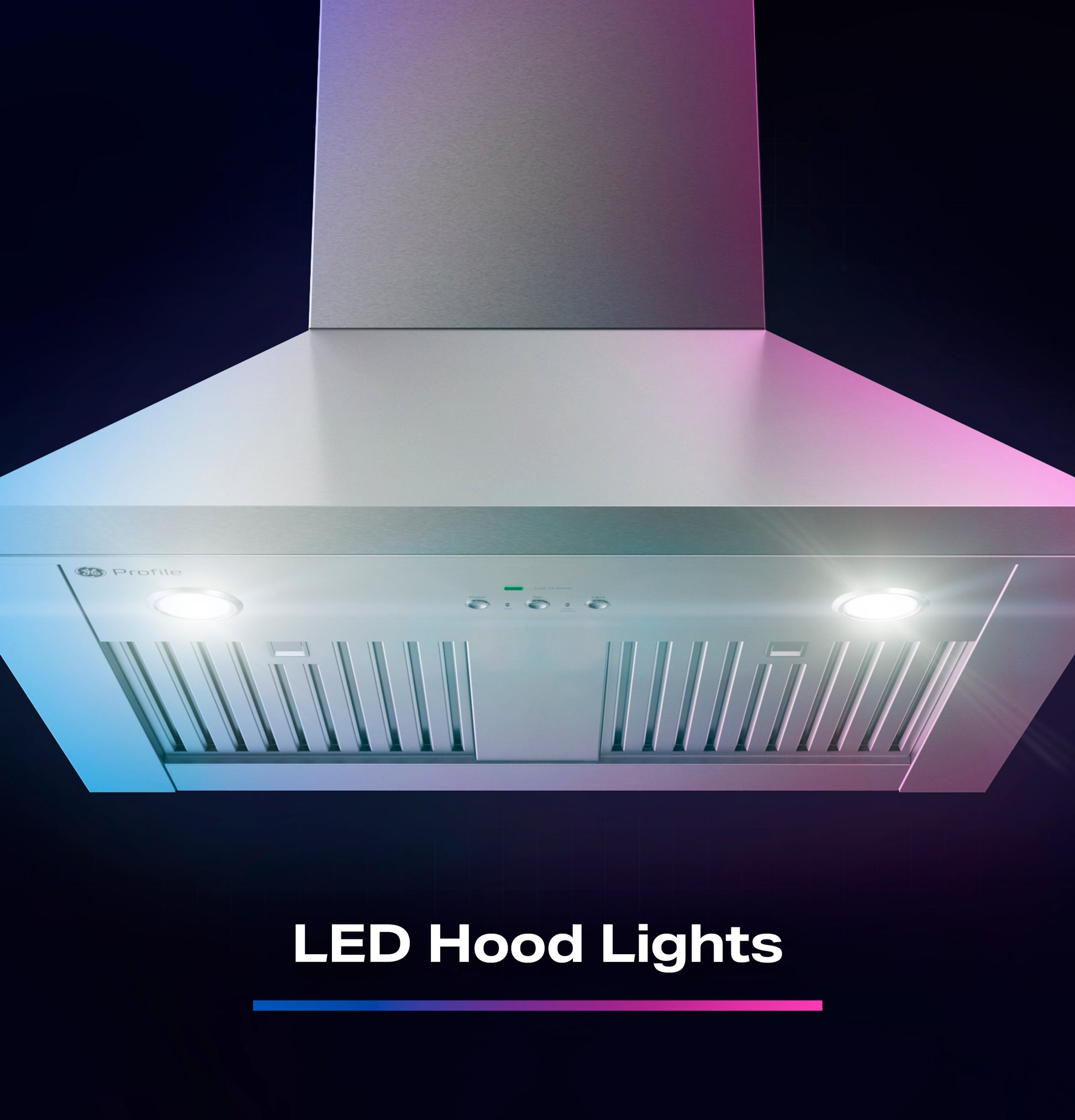 Modern stainless steel vent hood with LED lights and dual air filters from Range Hoods kitchen appliances collection