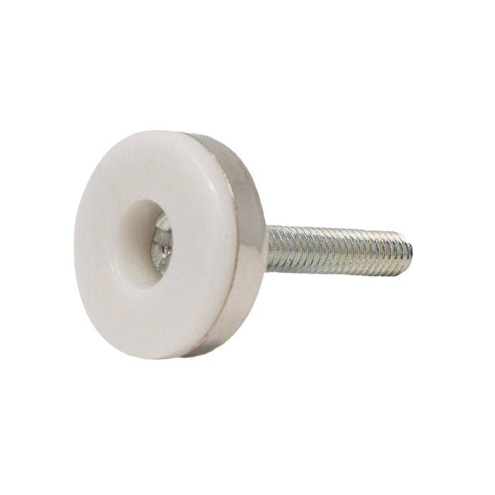Metal leveling screw with a white hex-shaped plastic base for furniture hardware and home improvement projects