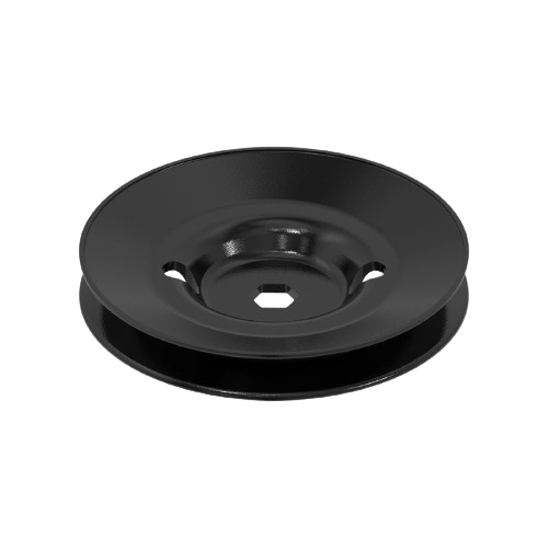 Black metal pulley wheel with central hexagonal hole for automotive and John Deere equipment replacement parts collection