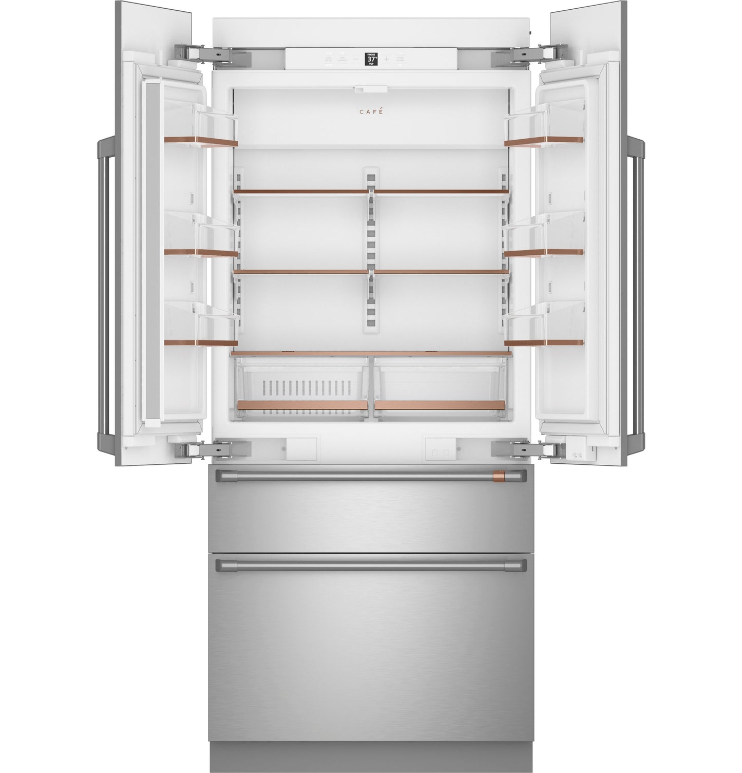 Open stainless steel integrated French door refrigerator with adjustable shelves and spacious interior in kitchen appliances collection