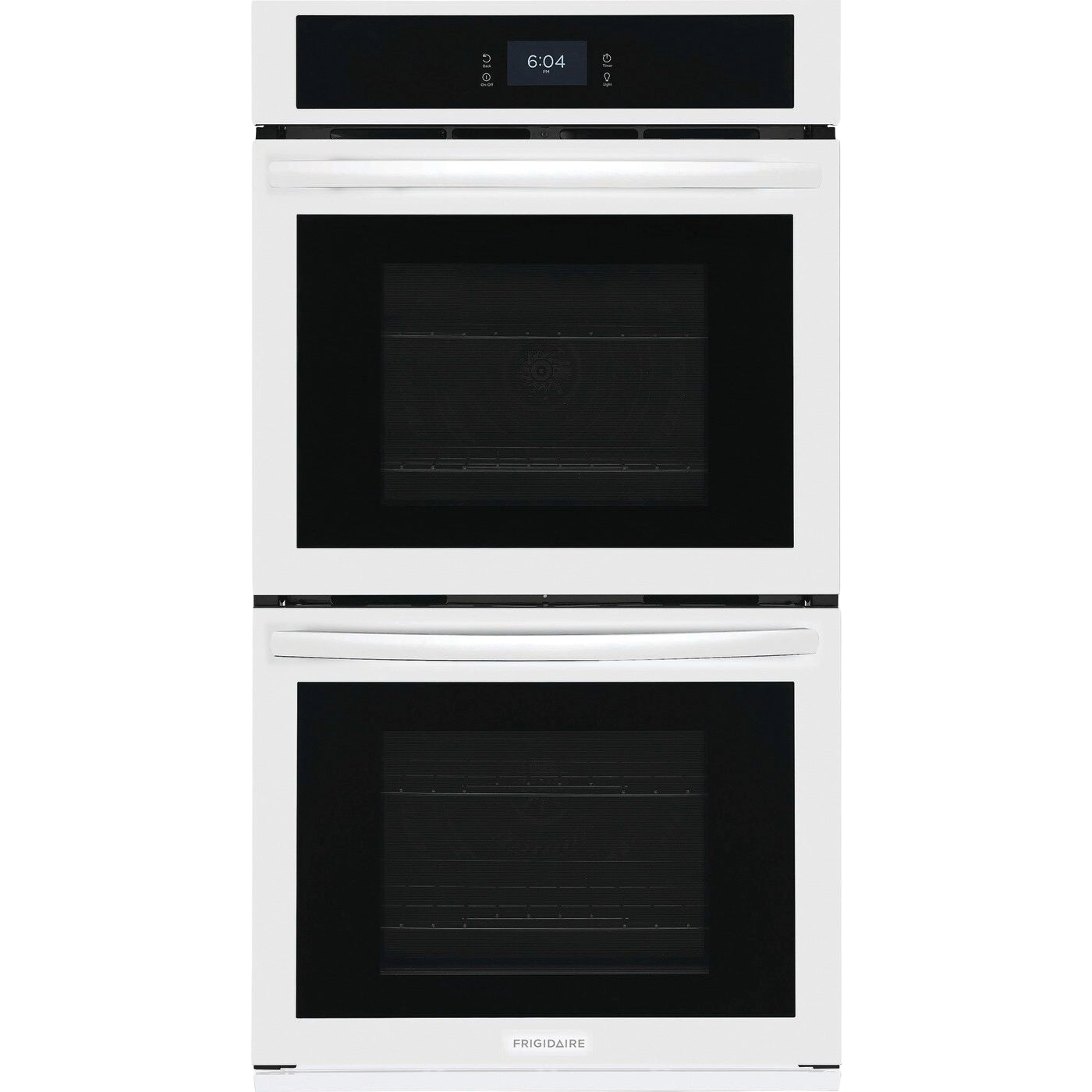 Front view of a white double electric wall oven with fan convection and digital control in kitchen appliances collection