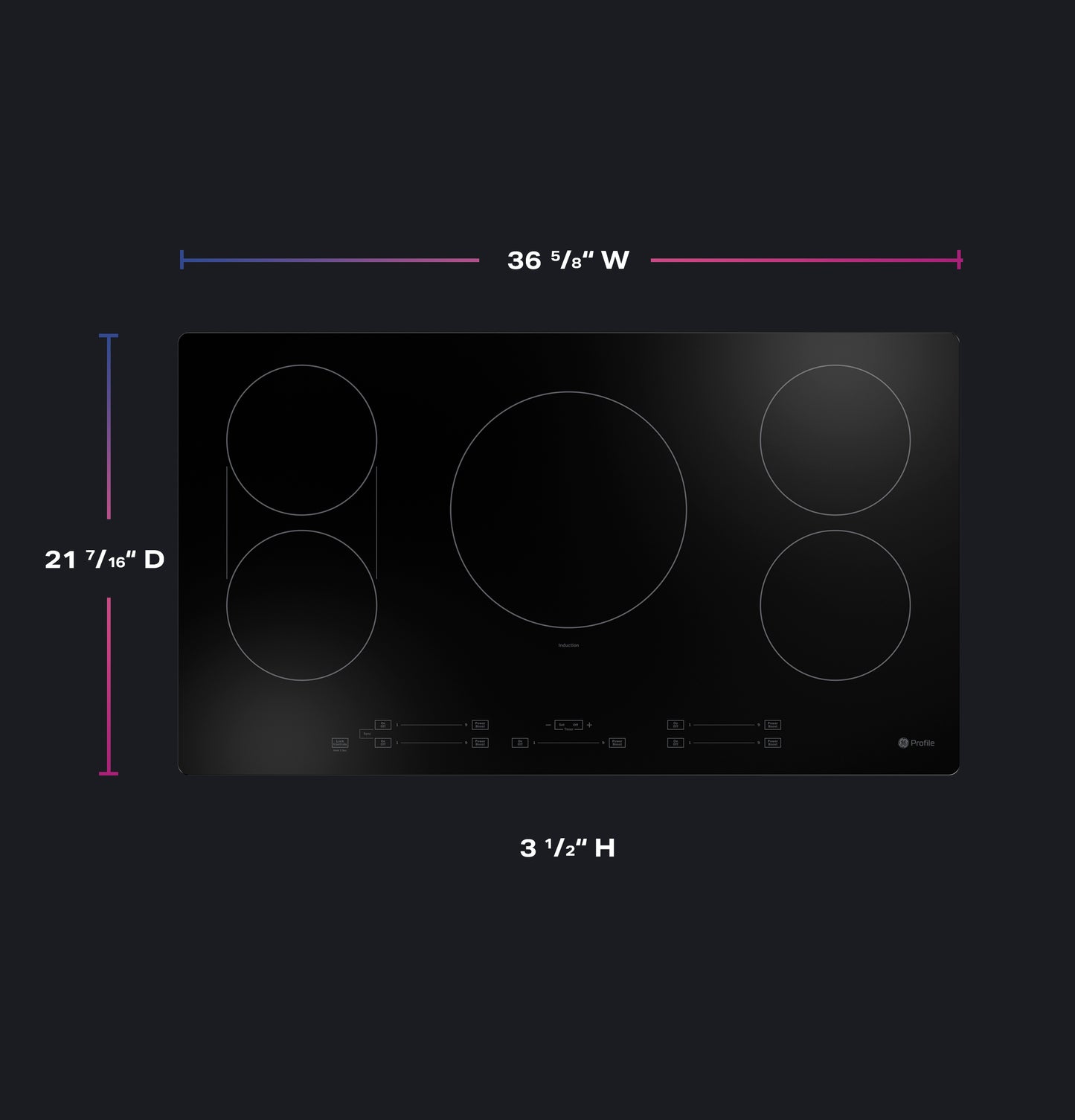 Black glass induction cooktop with five cooking zones and touch controls for kitchen and home improvement use