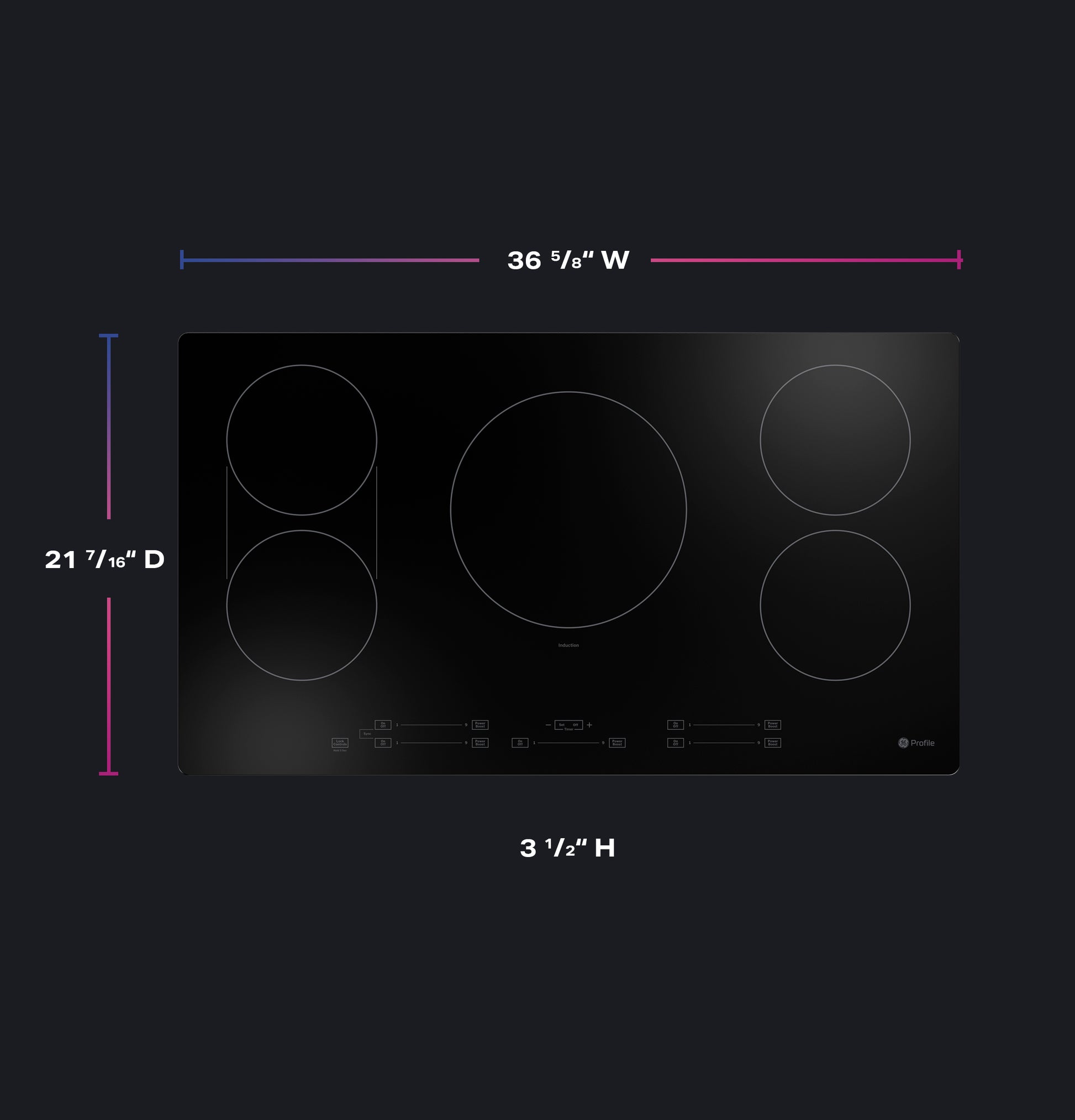 Black glass induction cooktop with five cooking zones and touch controls for kitchen and home improvement use