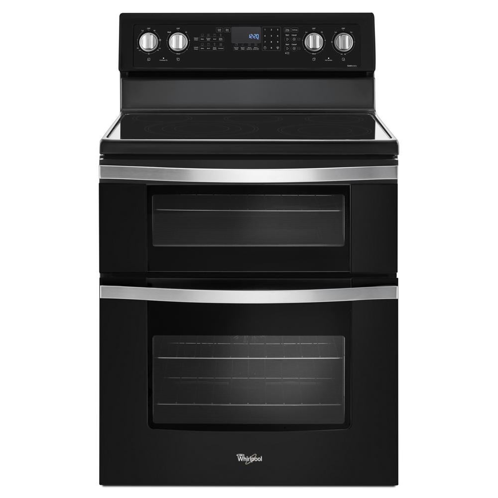 Black electric double oven range with stainless steel handles and digital control panel from ranges collection
