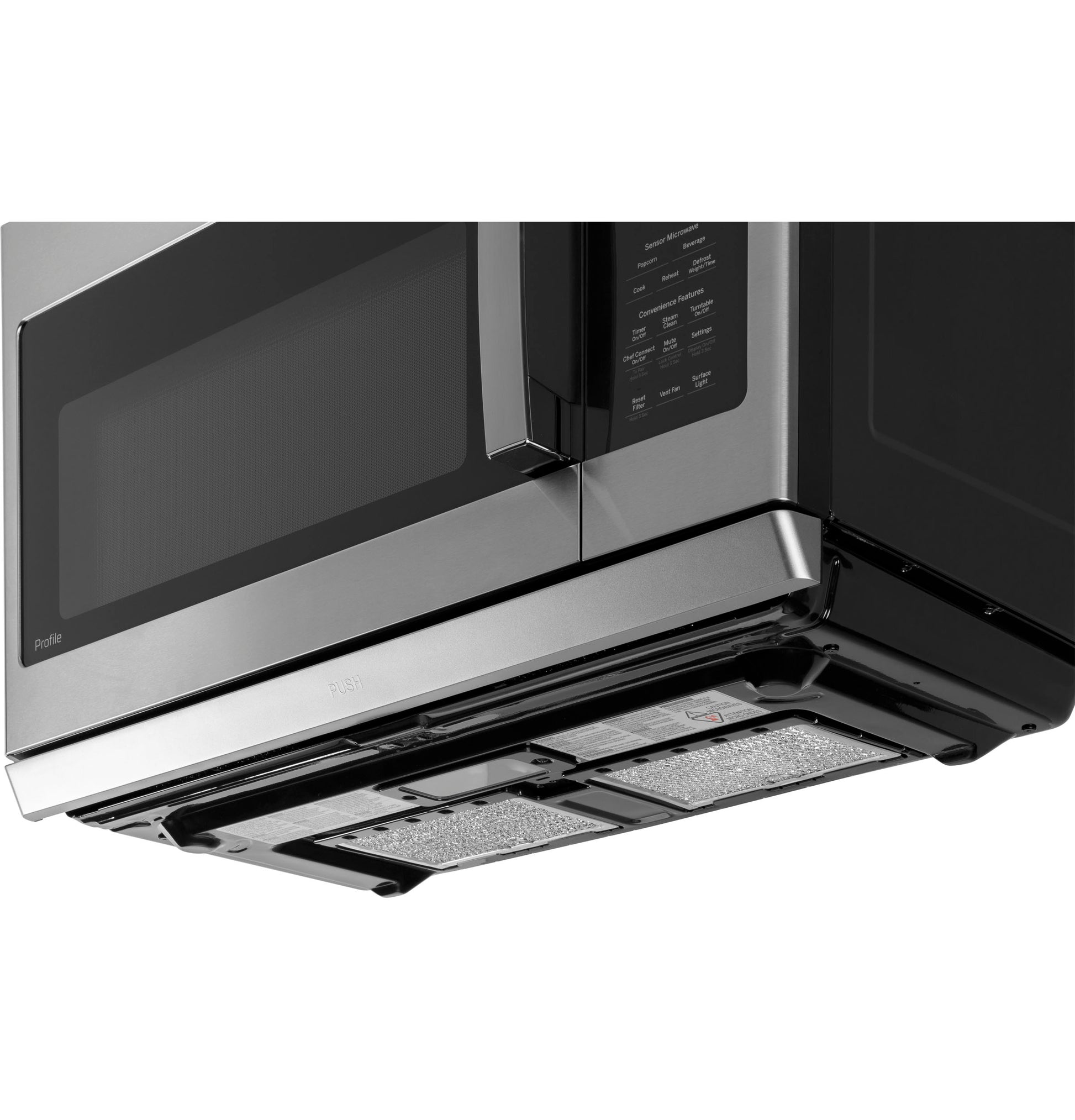 Stainless steel sensor microwave with digital control panel and extendable slide-out vent in kitchen appliances collection
