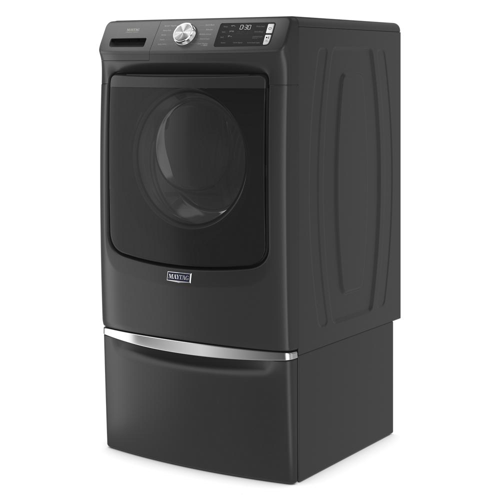 Front load dark gray washer elevated on a matching 15.5-inch pedestal with storage drawer from Appliance Parts & Accessories